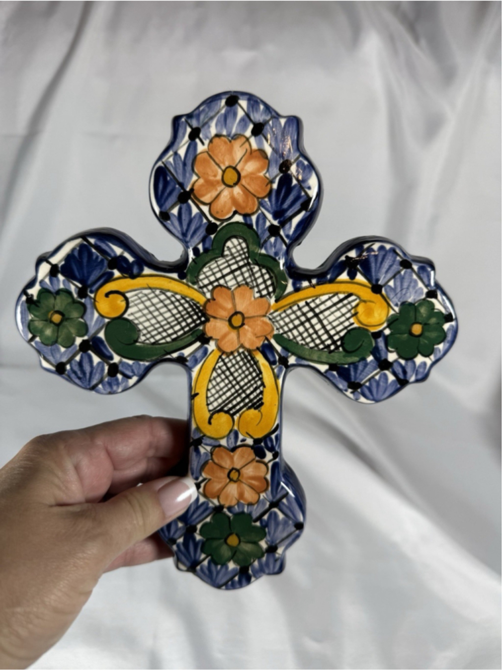 Mexican Talavera Ceramic Blue Wall Cross Hand Painted Floral Folk Art 8.75”